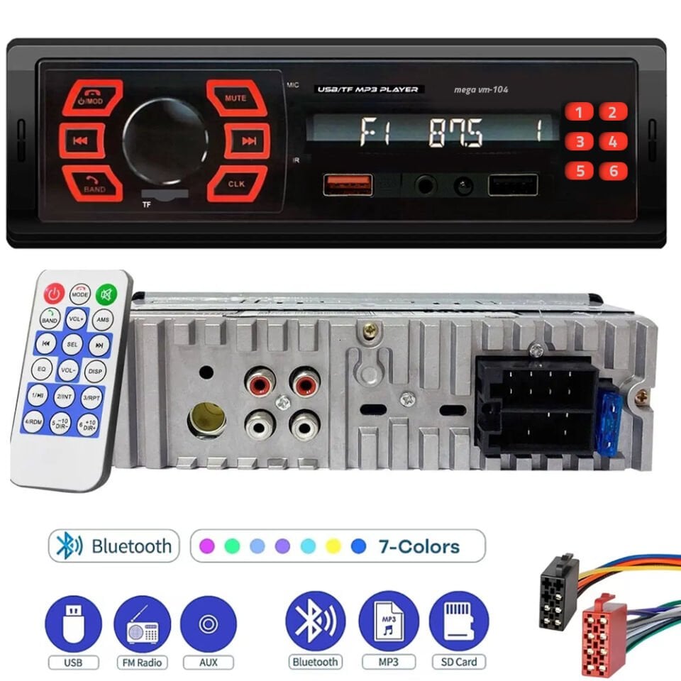 Oto Teyp 4x50w Bt 2xUsb Aplikasyonlu 7 Renk Kısa Kasa Mega VM-104