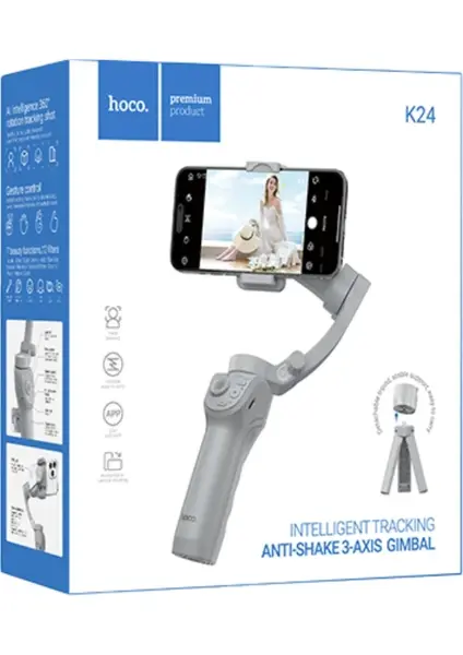 K24 360 Derece Otomatik Yüz Takipli Tripodlu Akıllı Selfie Gimbal Gri